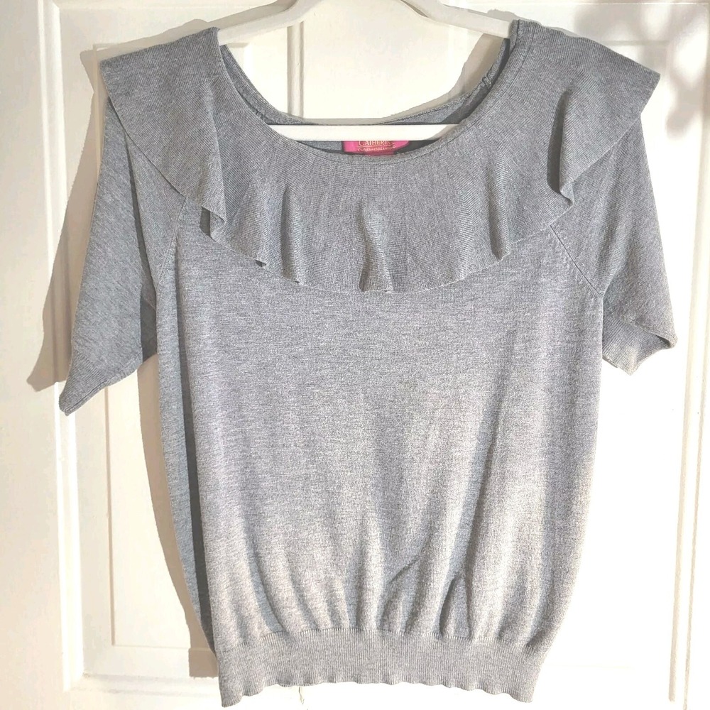 Catherine Malandrino Heather Gray Short Sleeve Sweater Ruffle Yoke Women's M